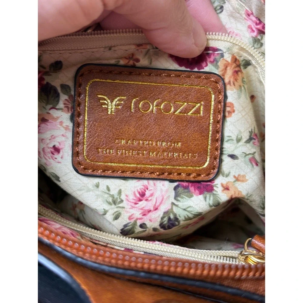 Rofozzi Classic Brown Faux Leather Tote Satchel‎ Bag Rose Accent Crossbody Strap